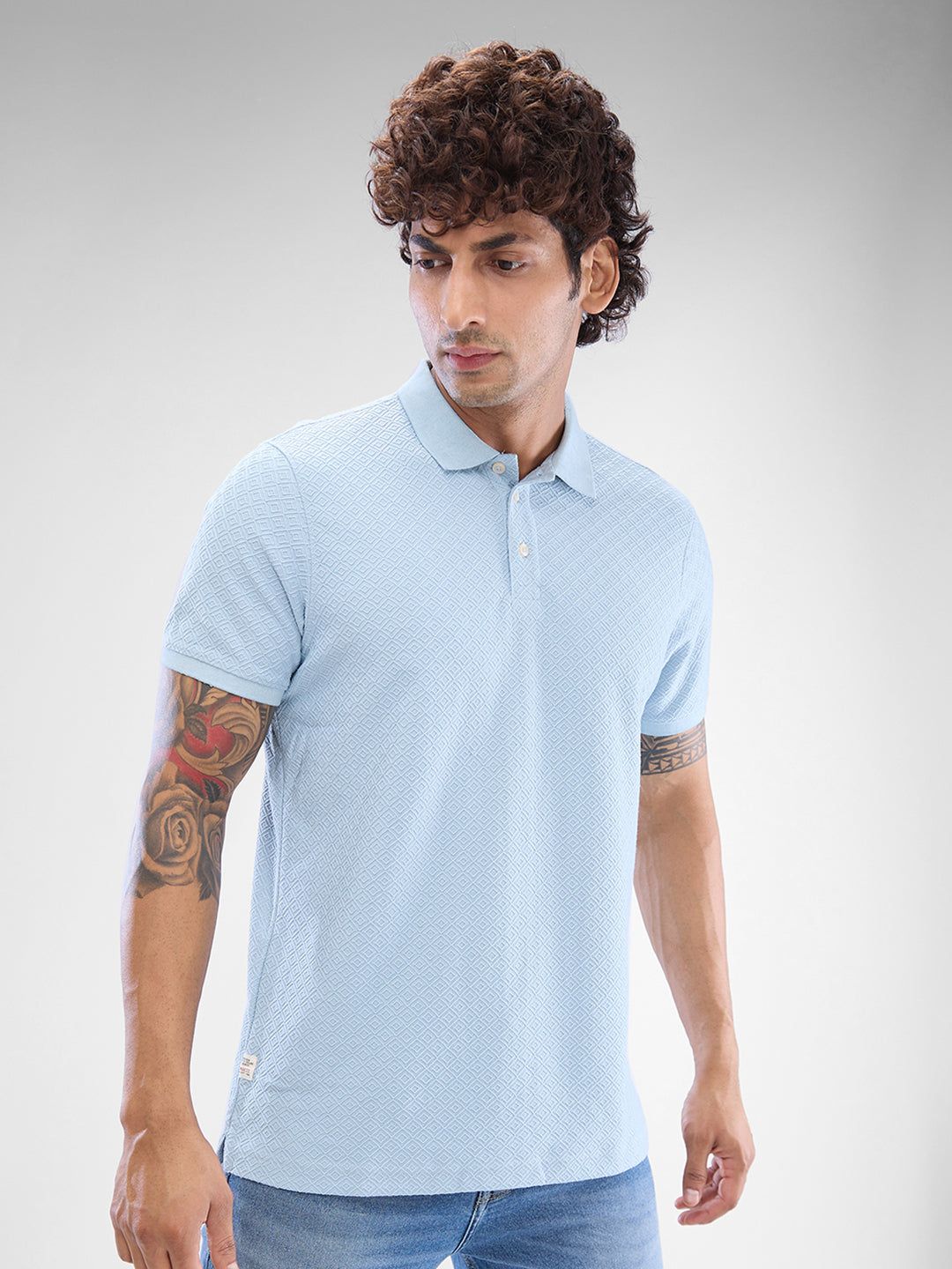 Spykar Dusty Aqua Blue Cotton Poly Half Sleeve  Tshirt For Men