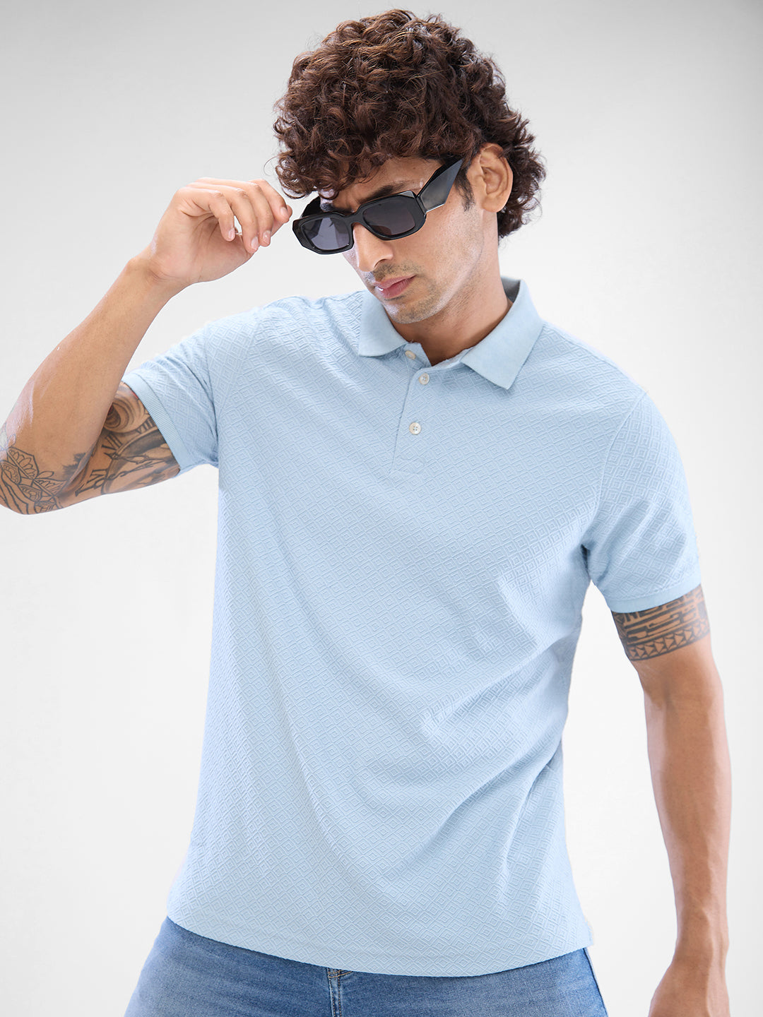 Spykar Dusty Aqua Blue Cotton Poly Half Sleeve  Tshirt For Men