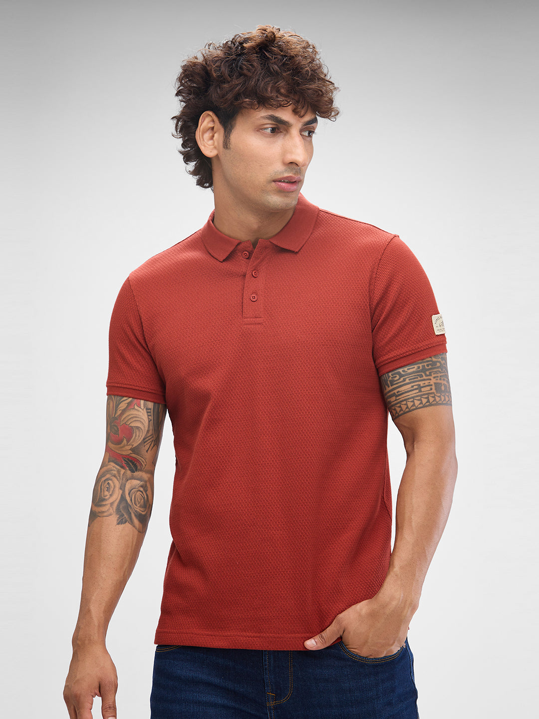 Spykar Brick Red Cotton Poly Half Sleeve  Tshirt For Men