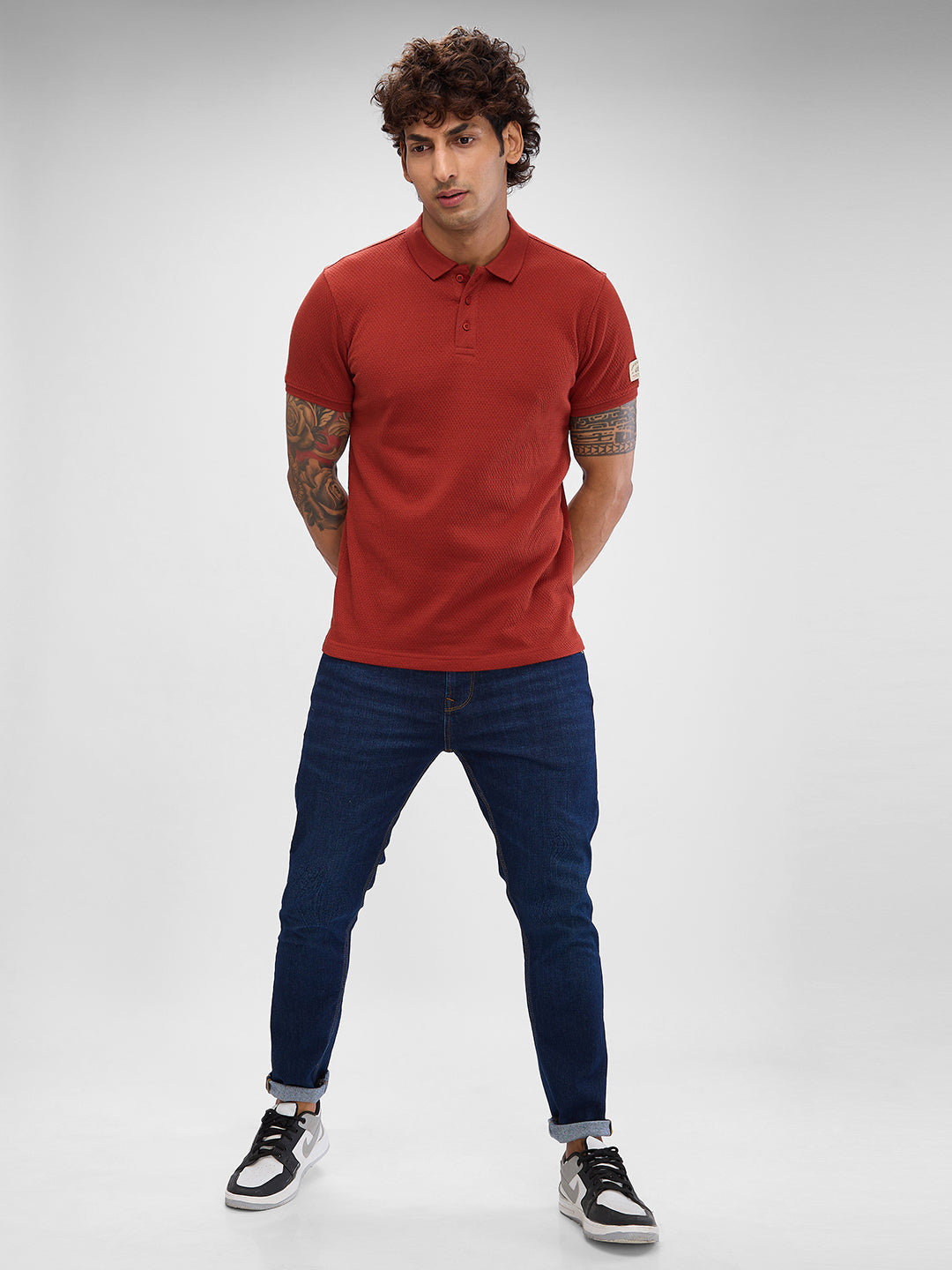 Spykar Brick Red Cotton Poly Half Sleeve  Tshirt For Men