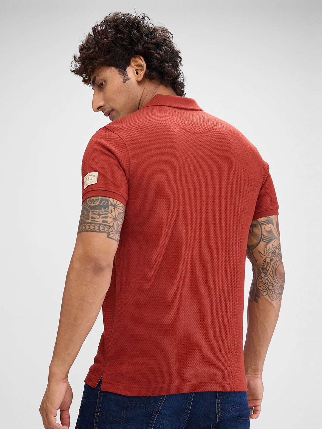 Spykar Brick Red Cotton Poly Half Sleeve  Tshirt For Men