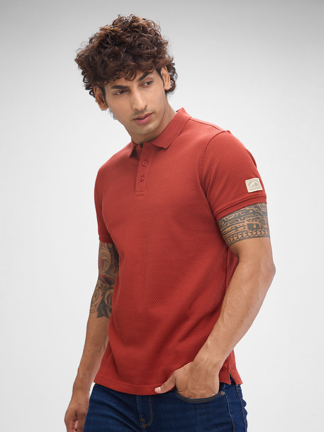 Spykar Brick Red Cotton Poly Half Sleeve  Tshirt For Men