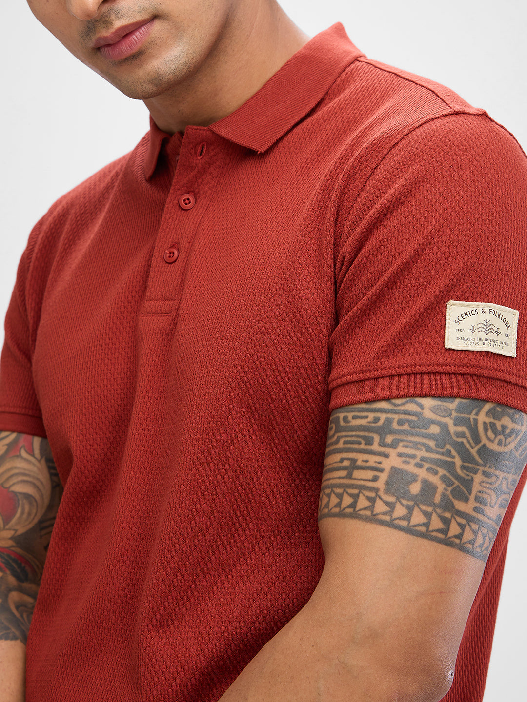 Spykar Brick Red Cotton Poly Half Sleeve  Tshirt For Men