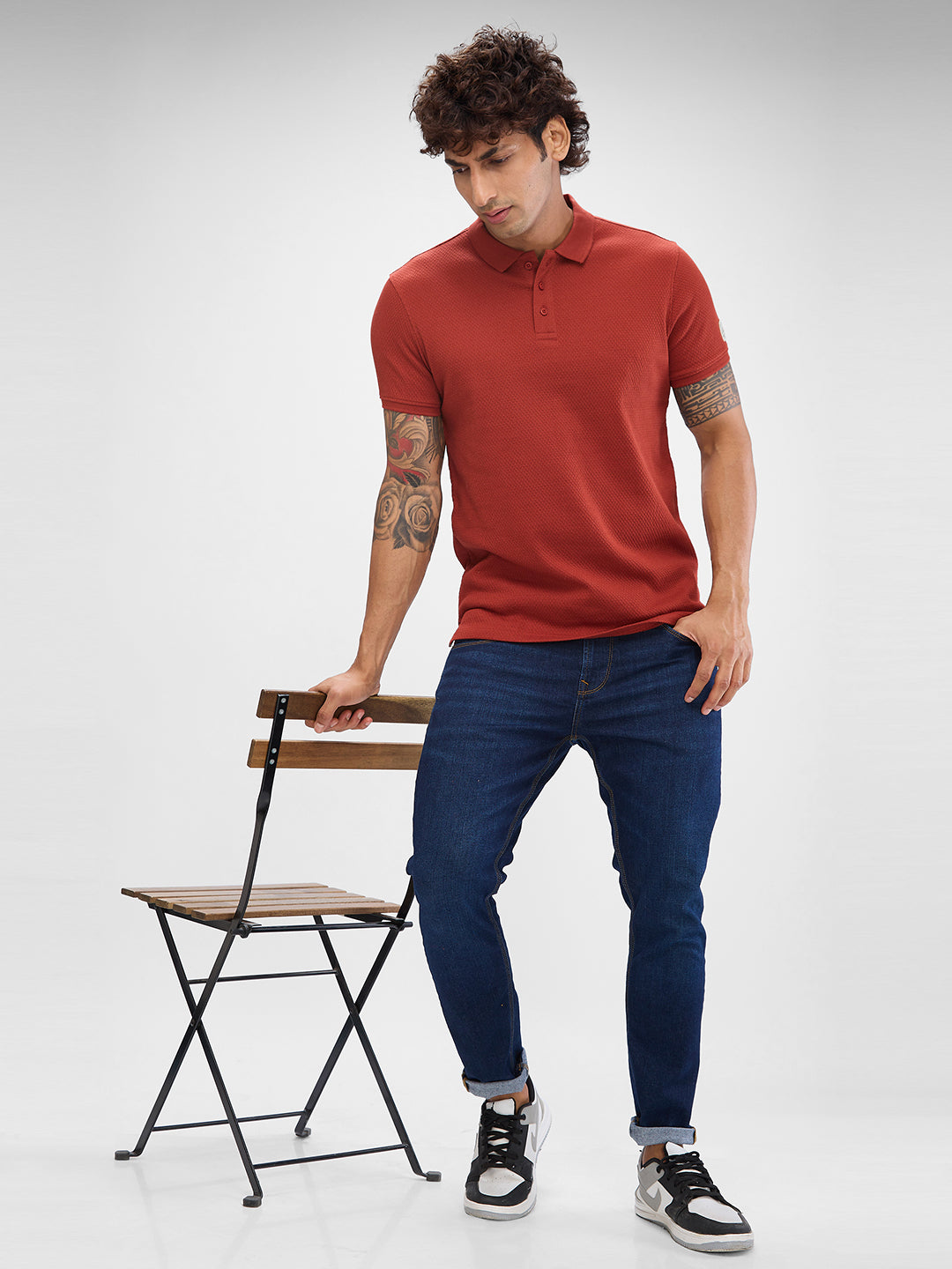 Spykar Brick Red Cotton Poly Half Sleeve  Tshirt For Men