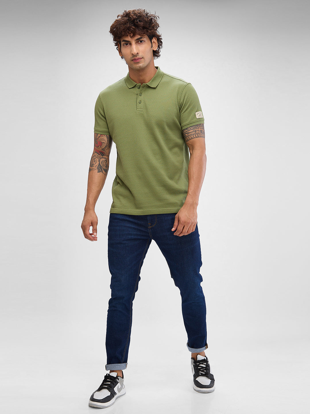 Spykar Sage Green Cotton Poly Half Sleeve  Tshirt For Men