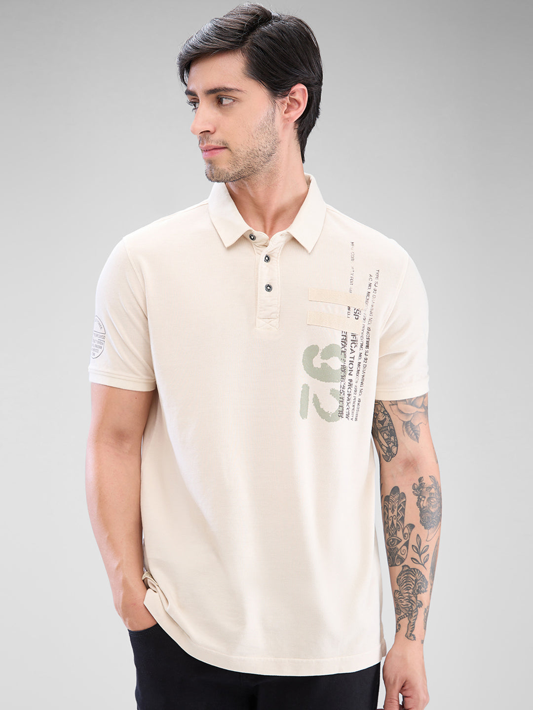 Spykar Cream White Cotton Half Sleeve  Tshirt For Men