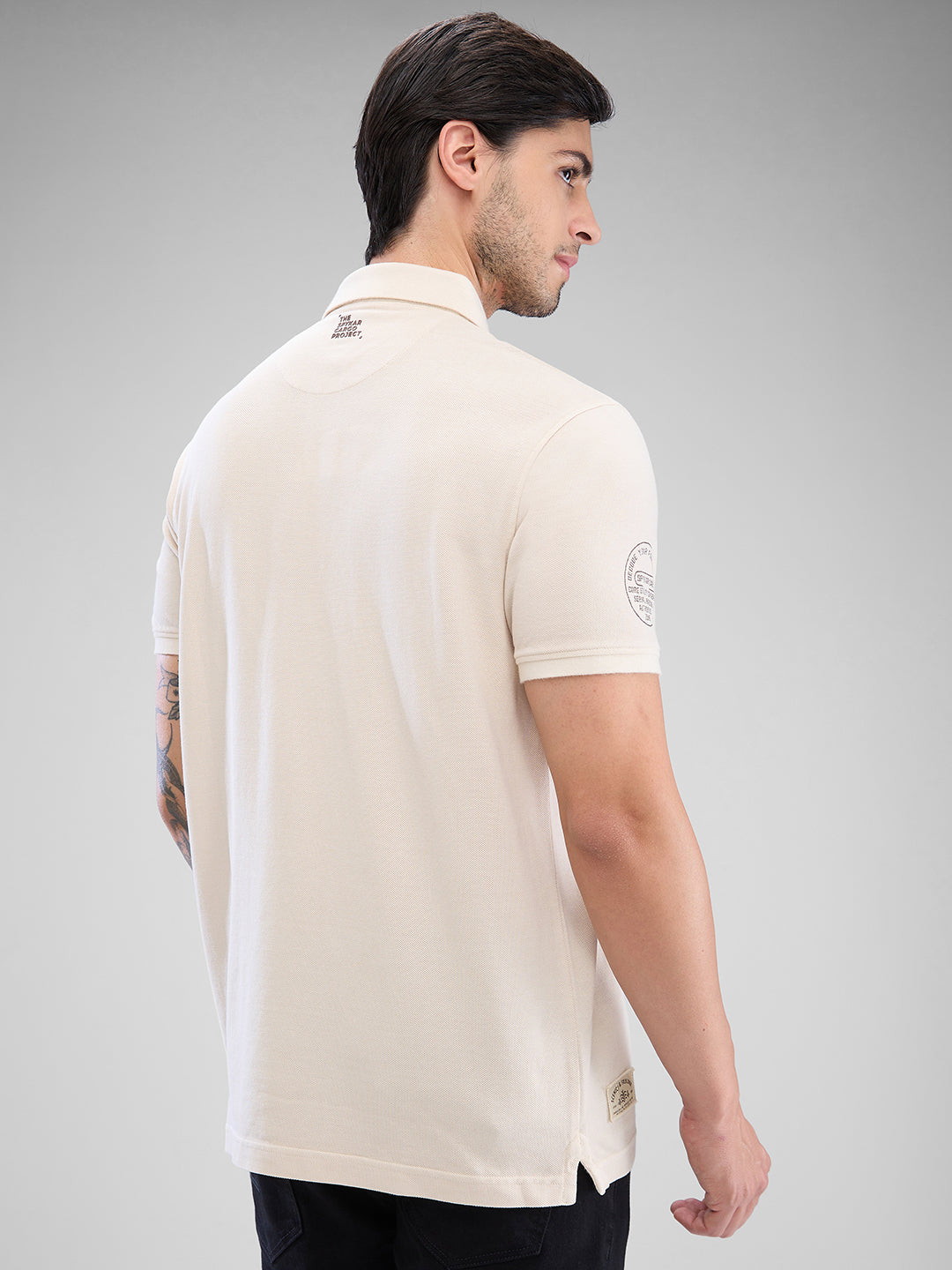 Spykar Cream White Cotton Half Sleeve  Tshirt For Men