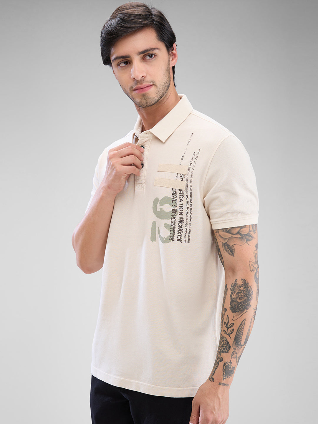 Spykar Cream White Cotton Half Sleeve  Tshirt For Men