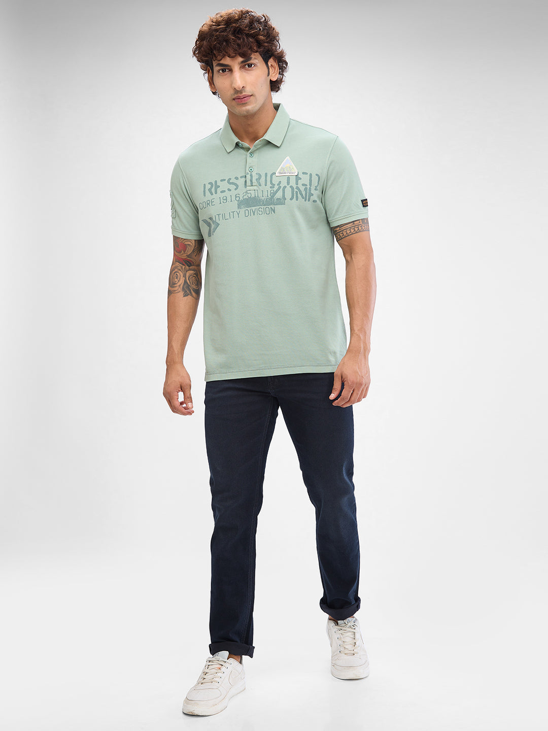 Spykar Dusty Sage Green Cotton Half Sleeve  Tshirt For Men