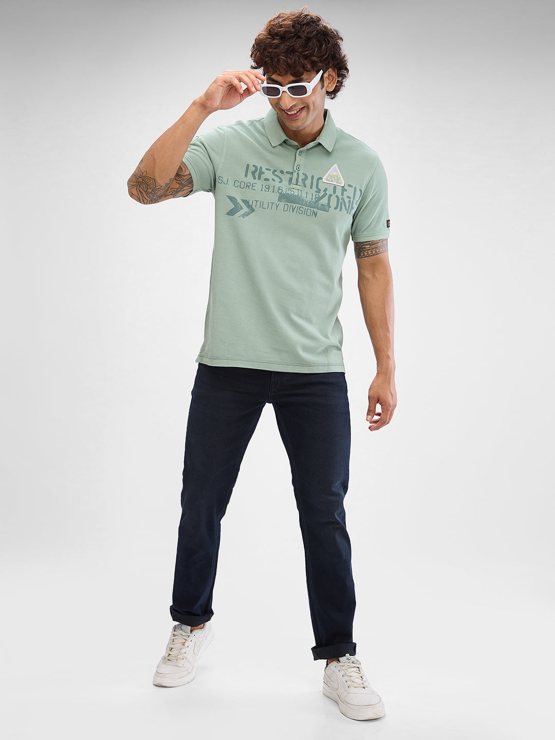 Spykar Dusty Sage Green Cotton Half Sleeve  Tshirt For Men