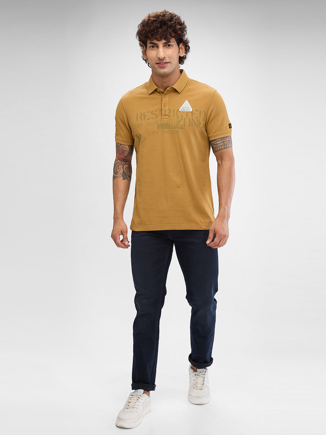 Spykar Khaki Cotton Half Sleeve  Tshirt For Men