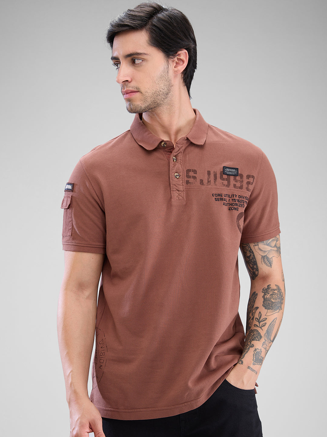 Spykar Friar Brown Cotton Half Sleeve  Tshirt For Men