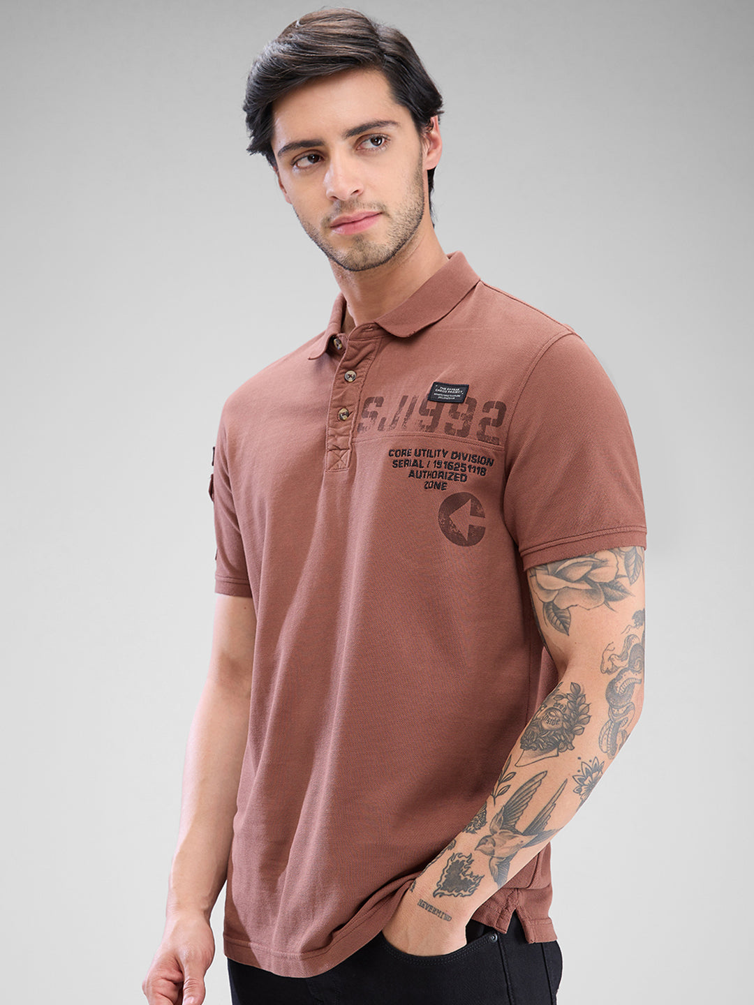 Spykar Friar Brown Cotton Half Sleeve  Tshirt For Men