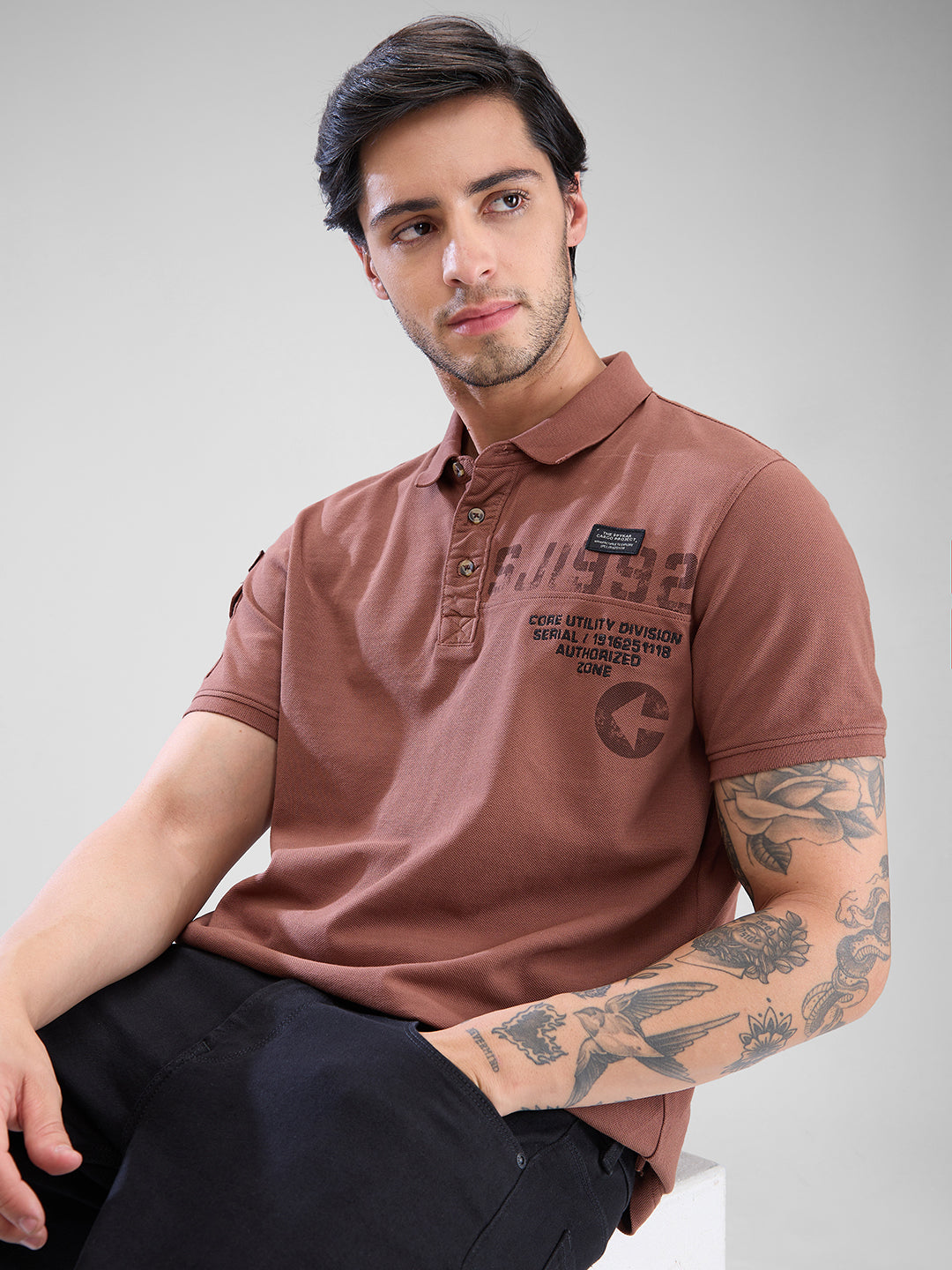 Spykar Friar Brown Cotton Half Sleeve  Tshirt For Men