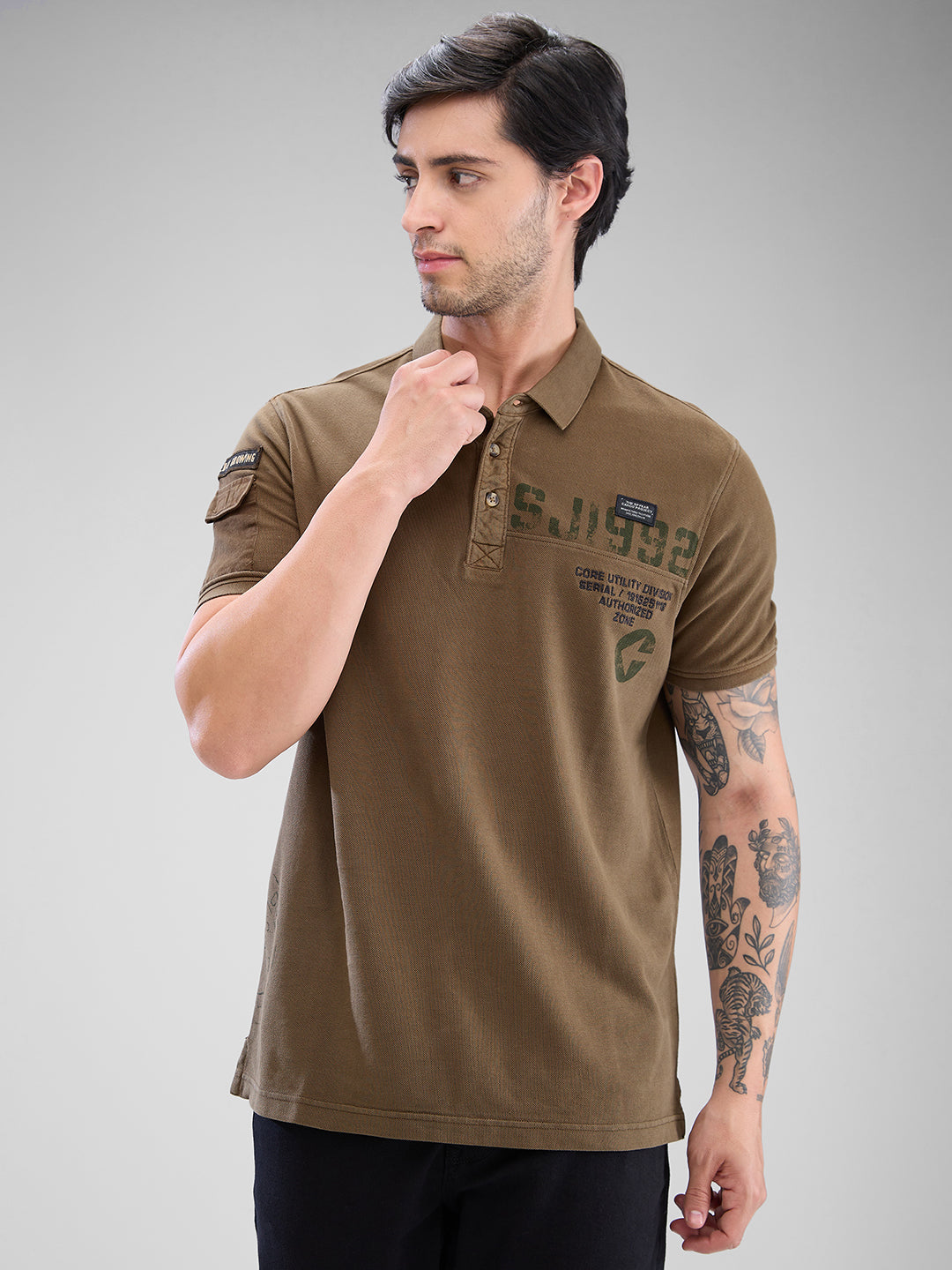 Spykar Military Green Cotton Half Sleeve  Tshirt For Men