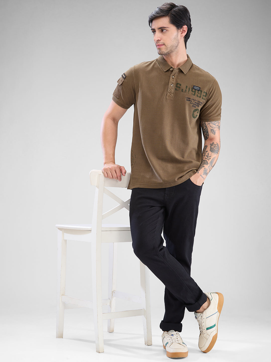 Spykar Military Green Cotton Half Sleeve  Tshirt For Men