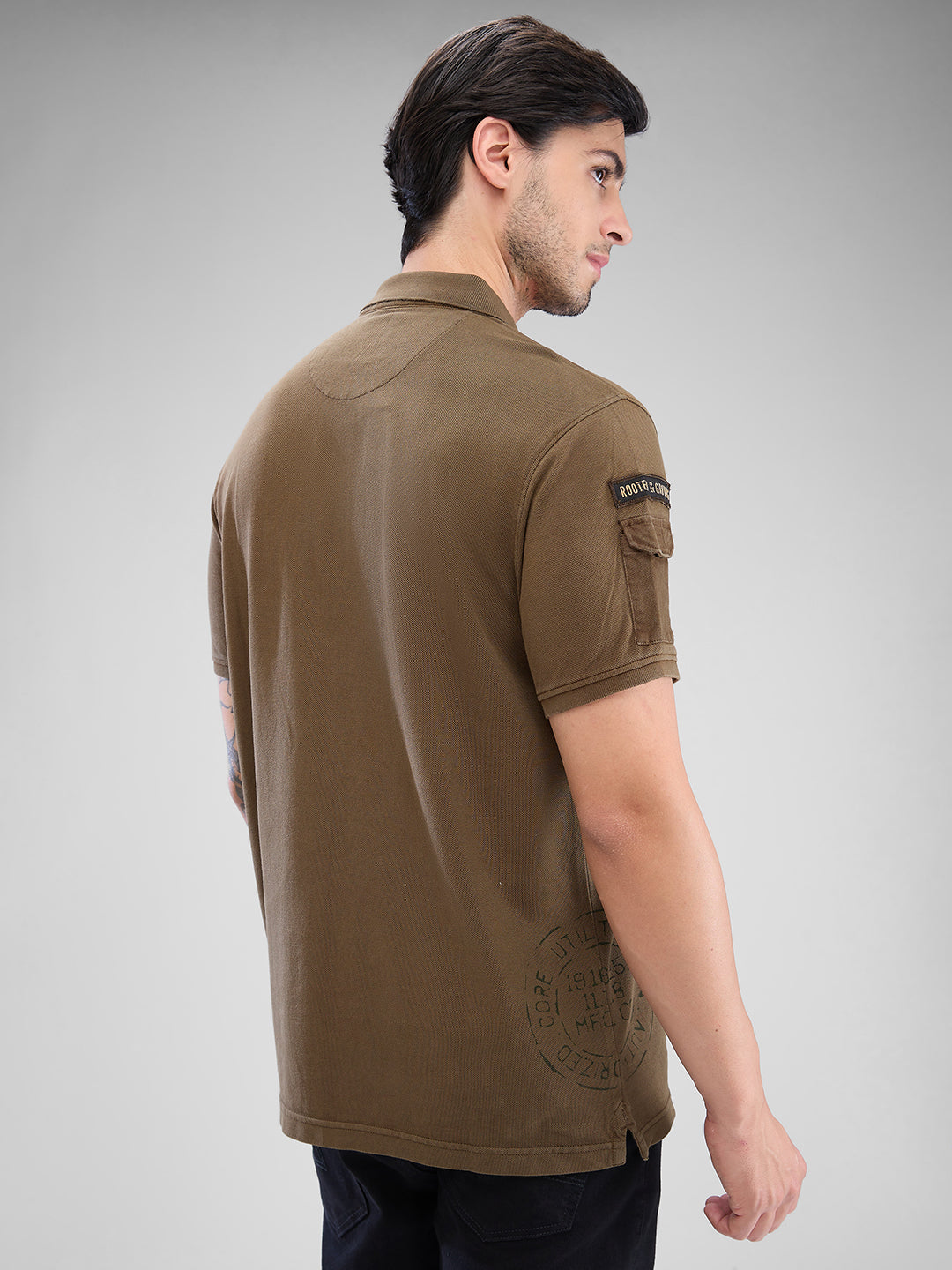 Spykar Military Green Cotton Half Sleeve  Tshirt For Men