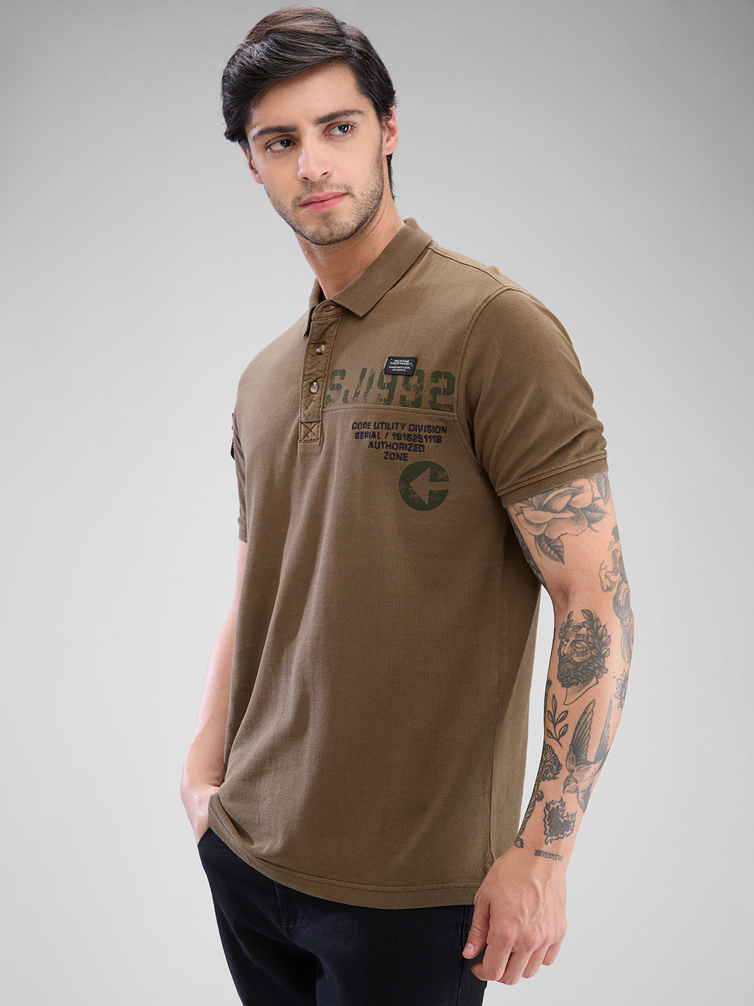 Spykar Military Green Cotton Half Sleeve  Tshirt For Men