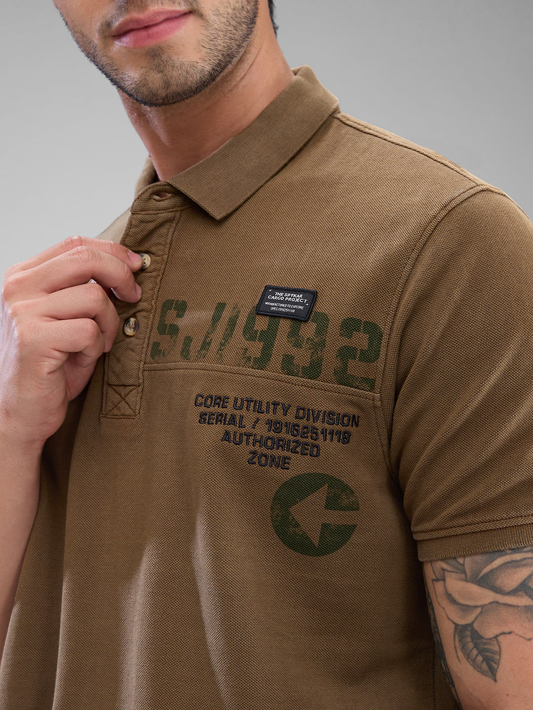 Spykar Military Green Cotton Half Sleeve  Tshirt For Men