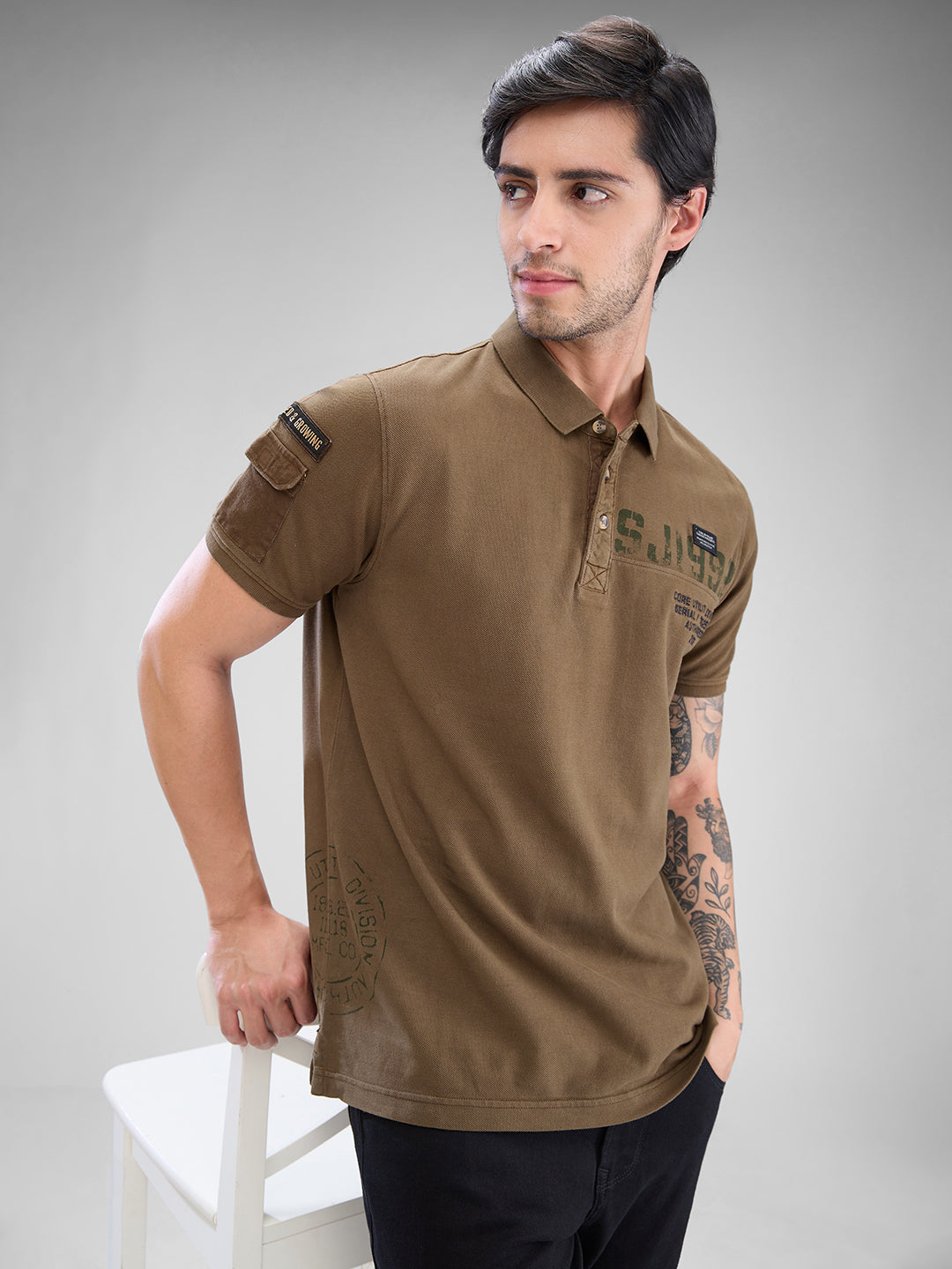 Spykar Military Green Cotton Half Sleeve  Tshirt For Men