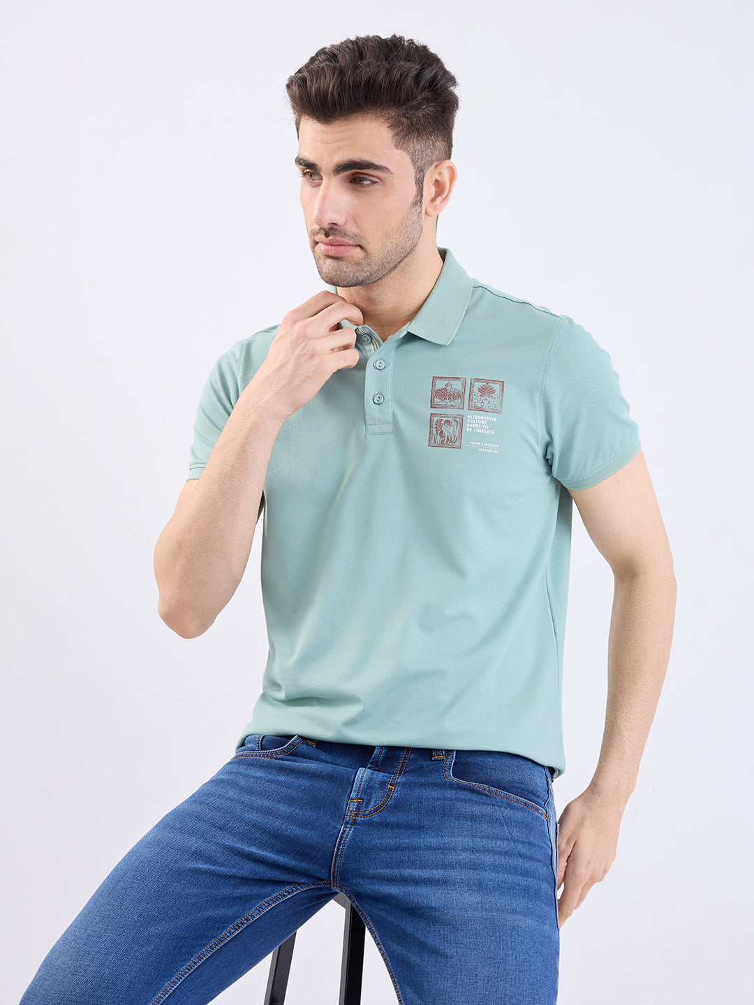 Spykar Granite Green Slim Fit Casual T-Shirt For Men