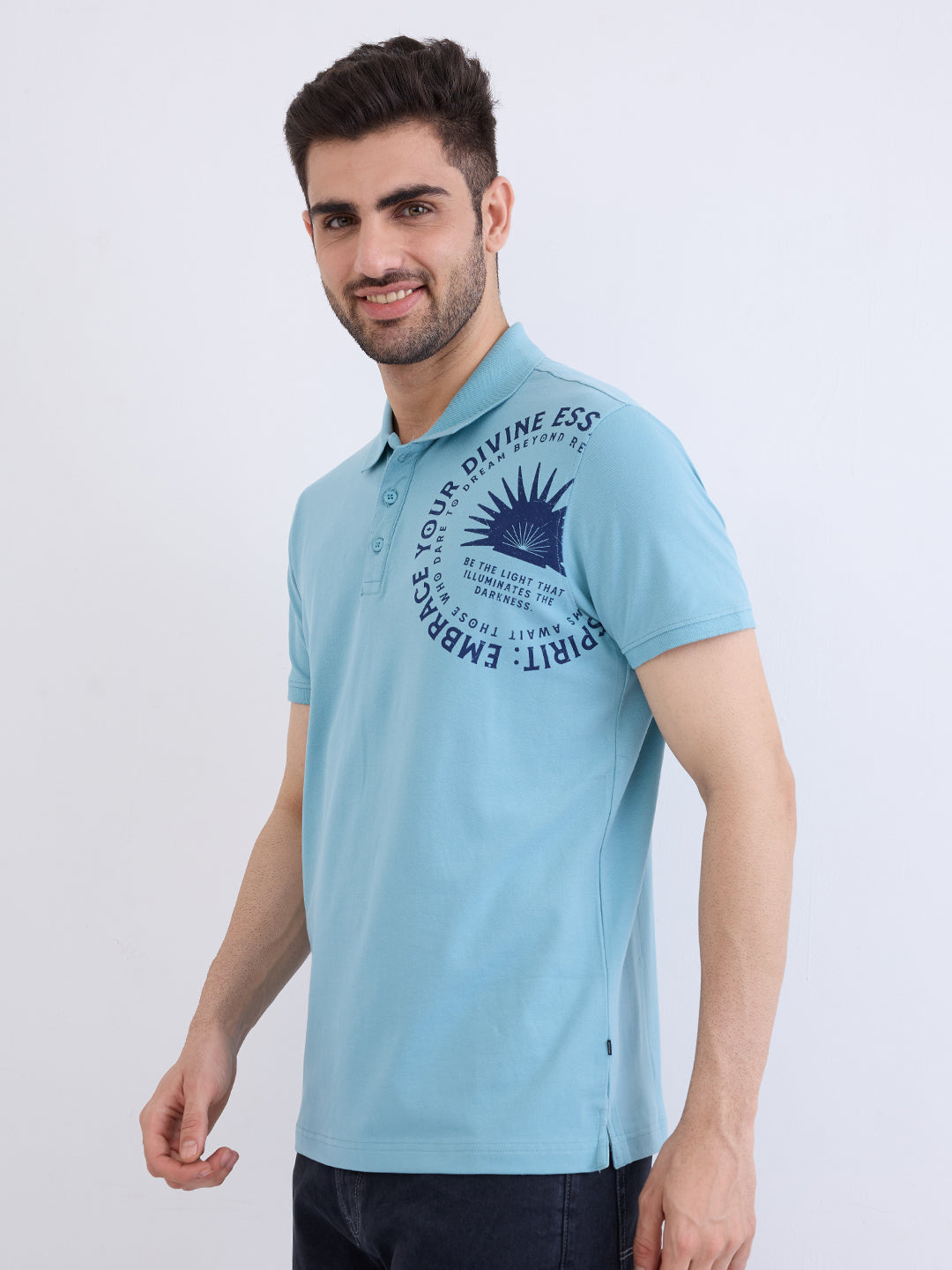 Spykar Cameo Blue Slim Fit Casual T-Shirt For Men