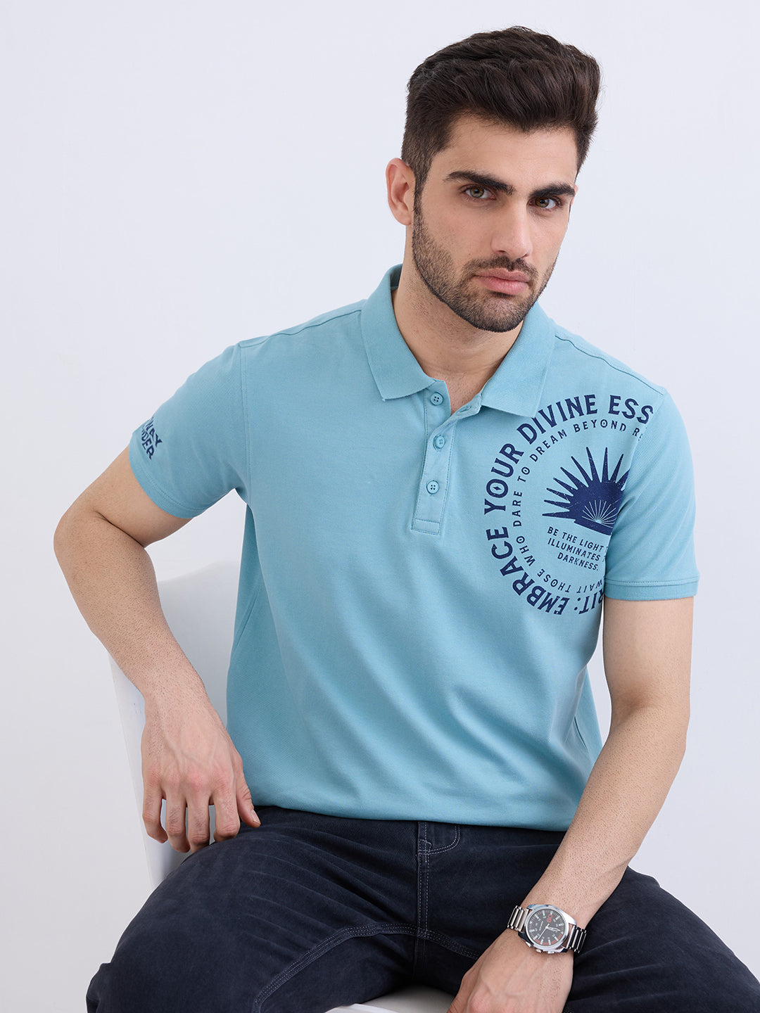 Spykar Cameo Blue Slim Fit Casual T-Shirt For Men