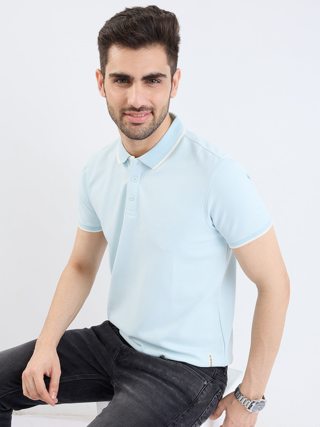 Spykar Soft Blue Slim Fit Casual T-Shirt For Men