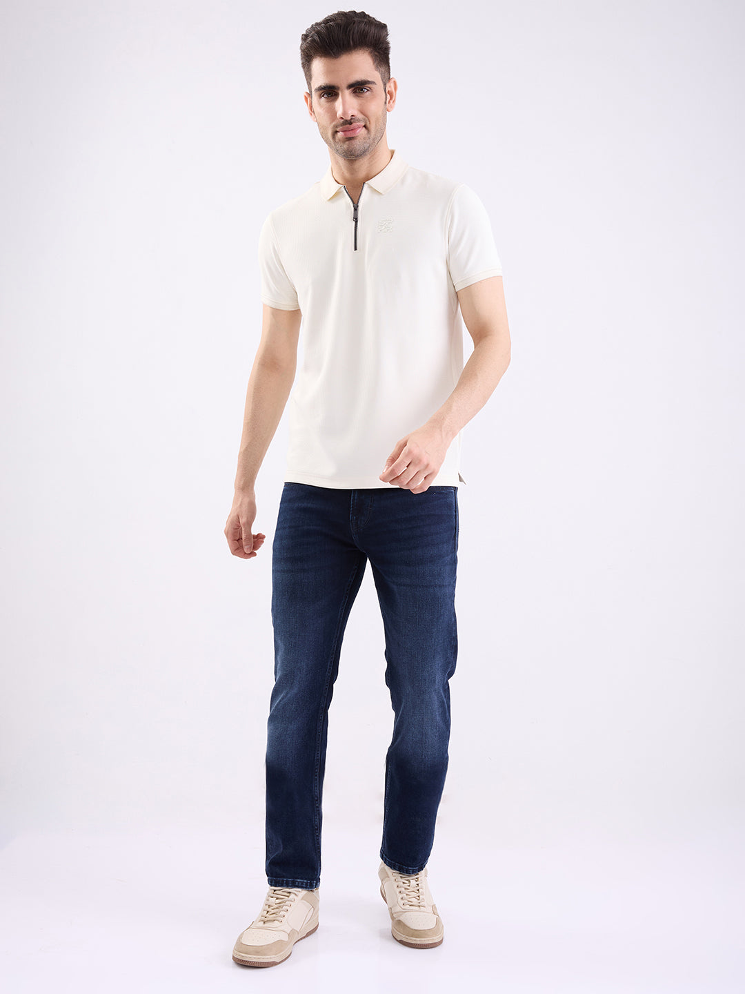 Spykar Off White Slim Fit Casual T-Shirt For Men