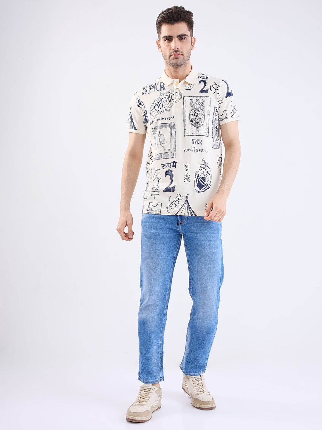 Spykar Off White Slim Fit Casual T-Shirt For Men