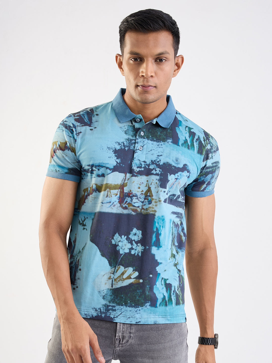 Spykar Cameo Blue Slim Fit Casual T-Shirt For Men