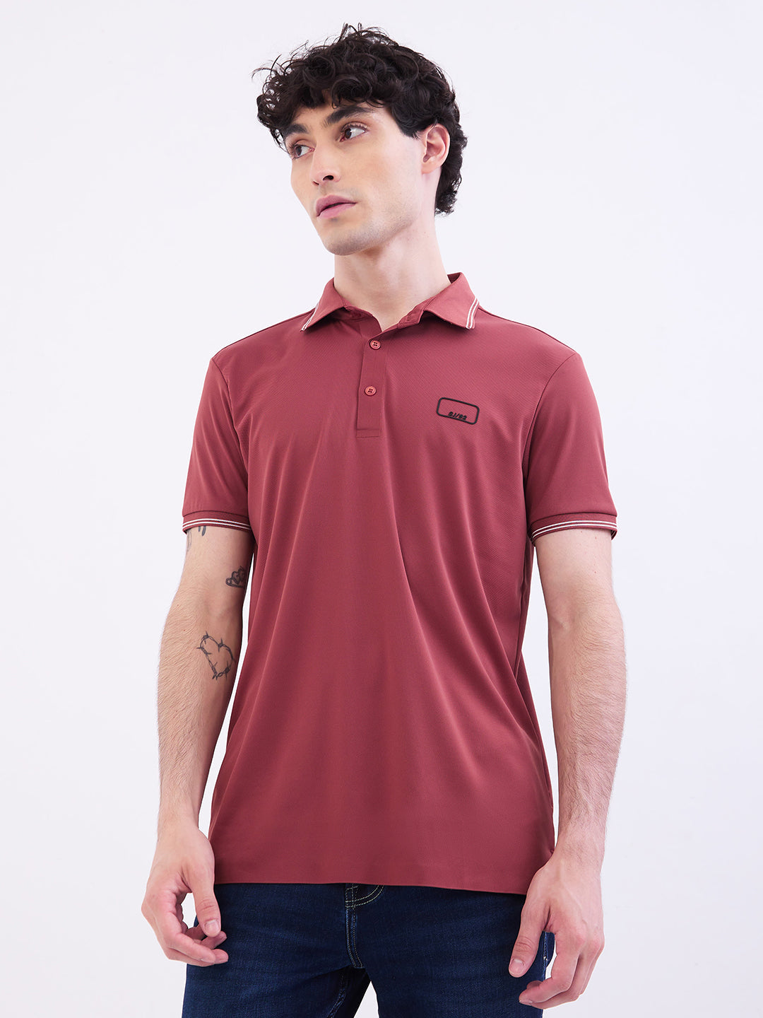 Spykar Brick Red Slim Fit Casual T-Shirt For Men