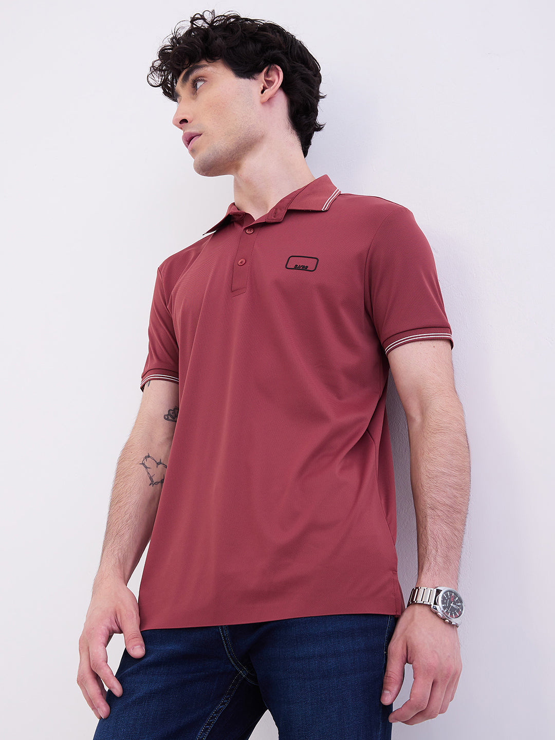 Spykar Brick Red Slim Fit Casual T-Shirt For Men