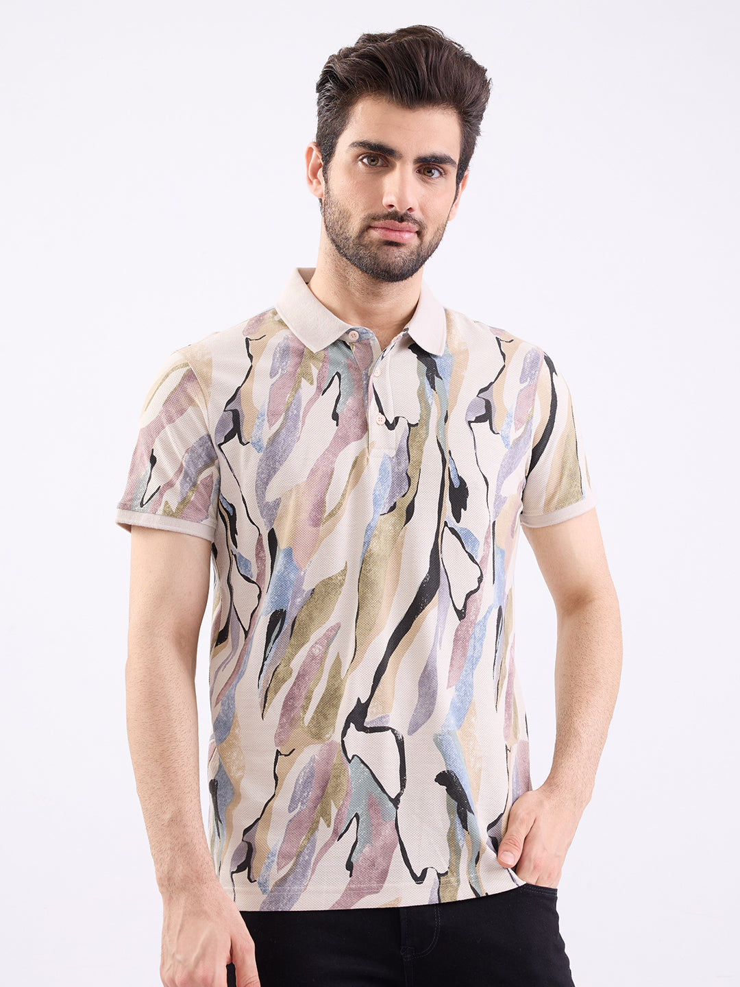 Men T-Shirt Beige Slim Fit