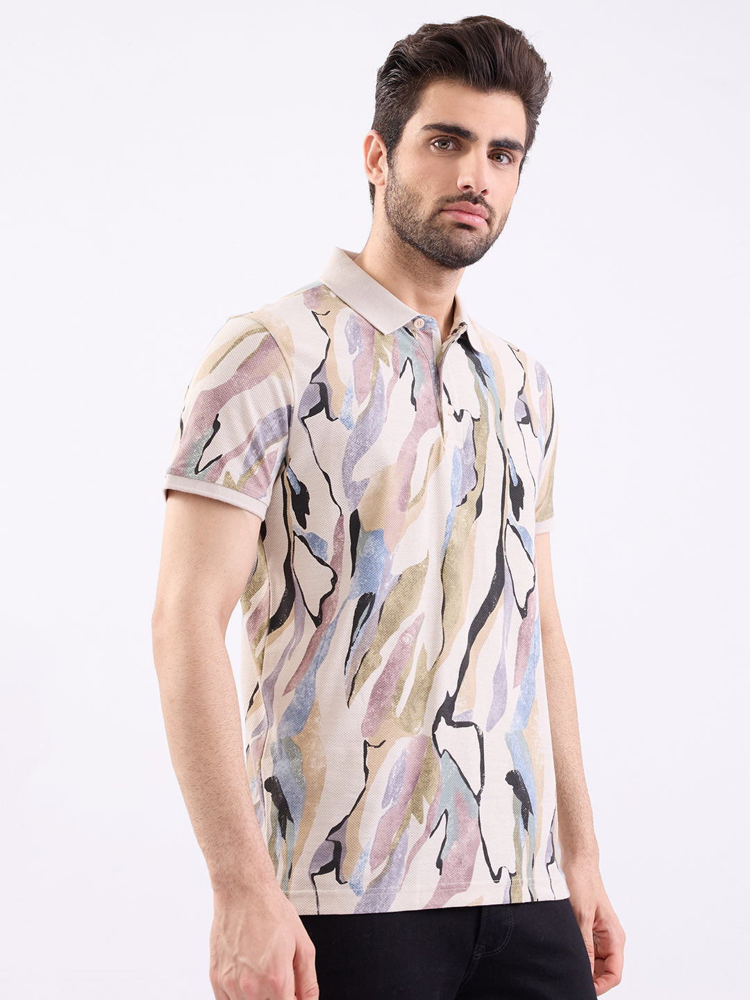 Men T-Shirt Beige Slim Fit