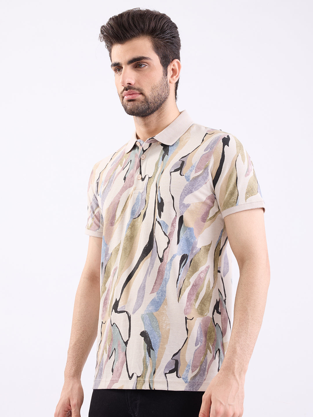 Men T-Shirt Beige Slim Fit