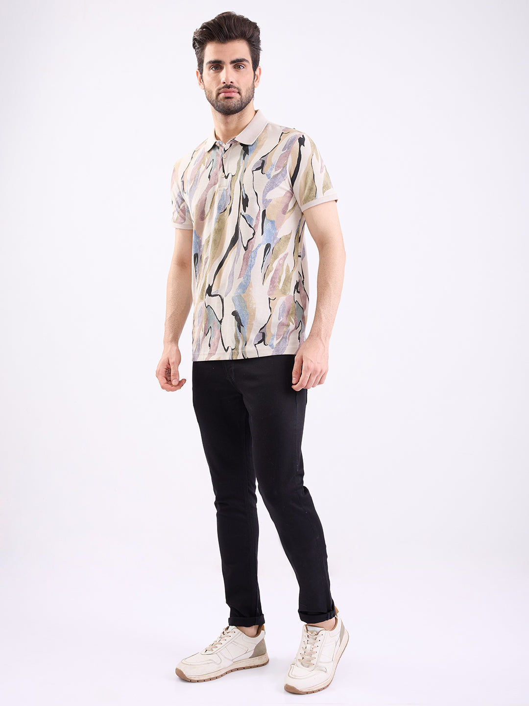 Men T-Shirt Beige Slim Fit