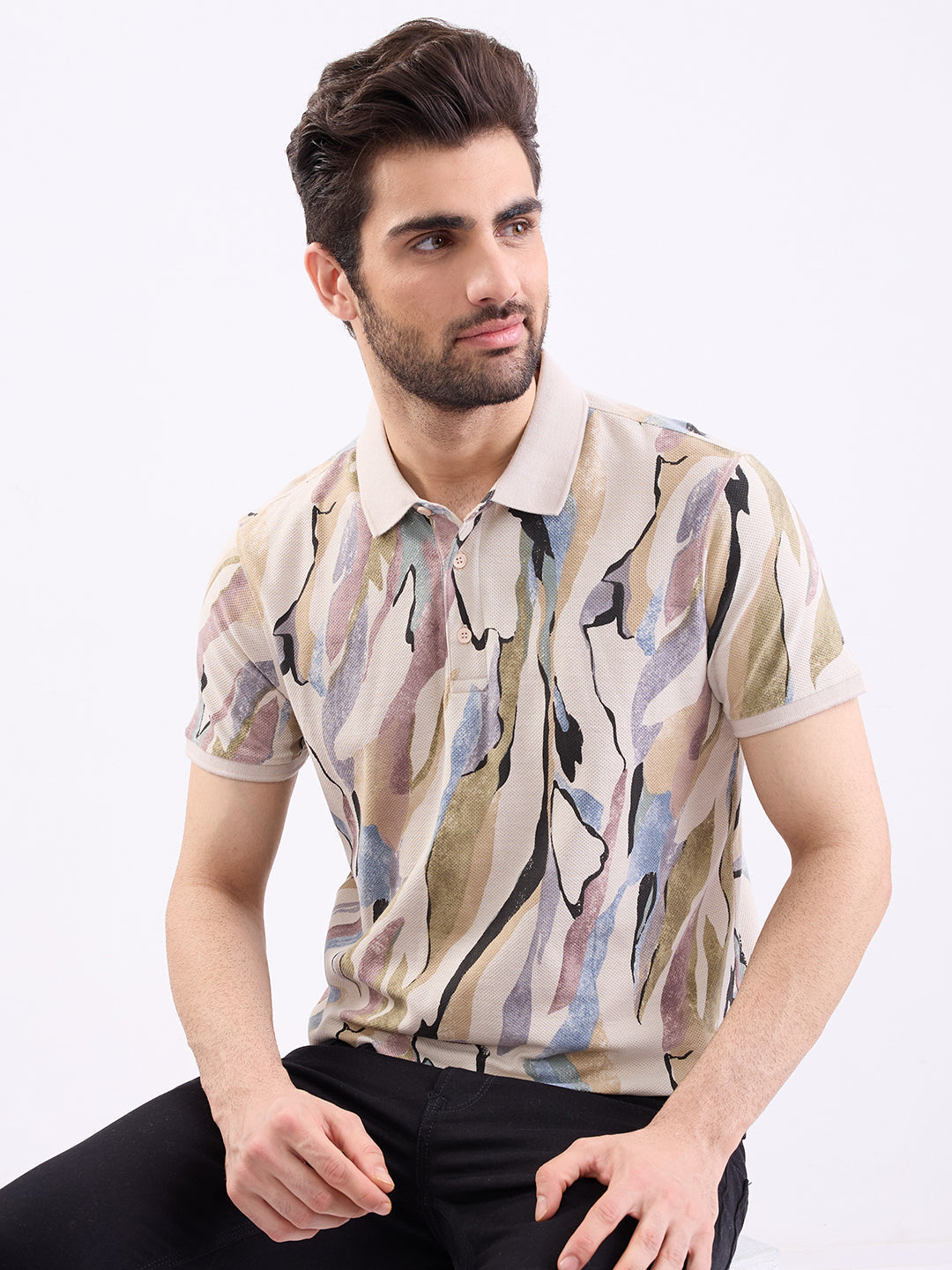 Men T-Shirt Beige Slim Fit