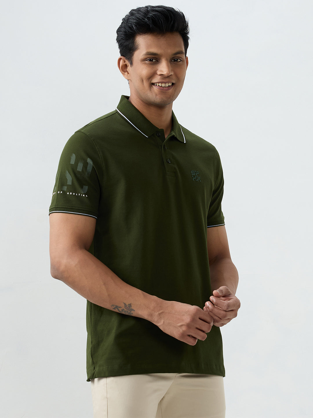Spykar Military Green Slim Fit T-Shirts For Men