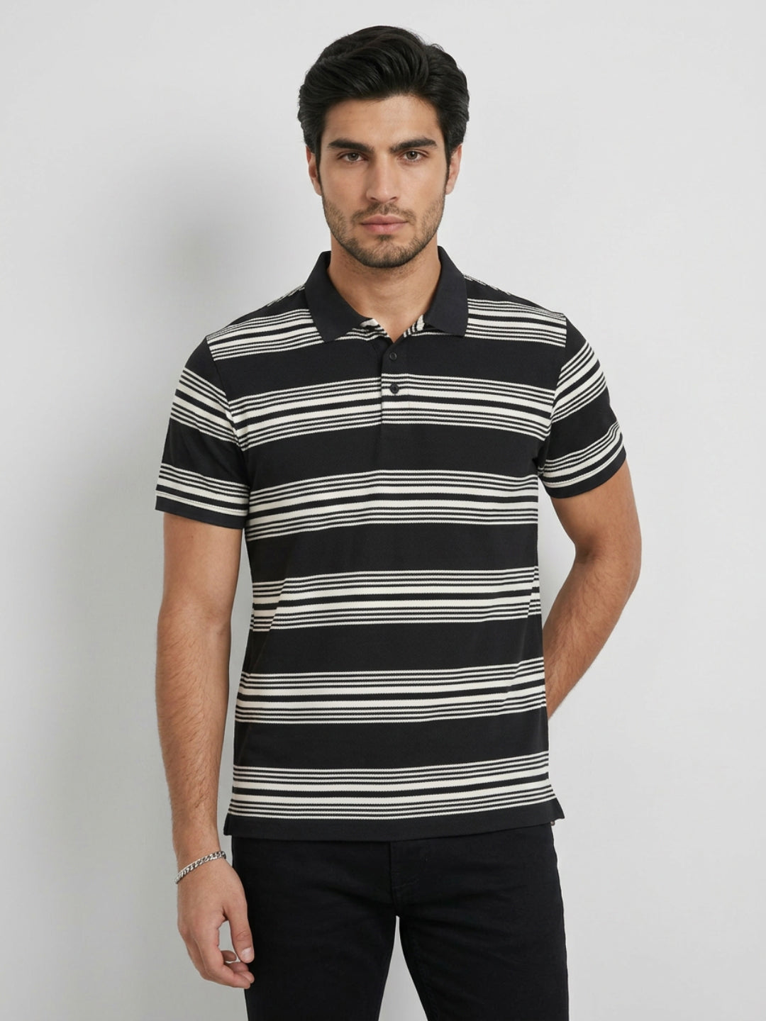 Men T-Shirt Stripe Black Regular Fit