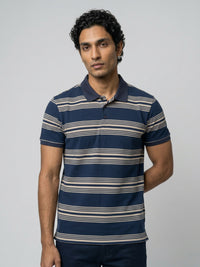Men T-Shirt Stripe Navy Blue Regular Fit