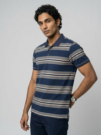 Men T-Shirt Stripe Navy Blue Regular Fit