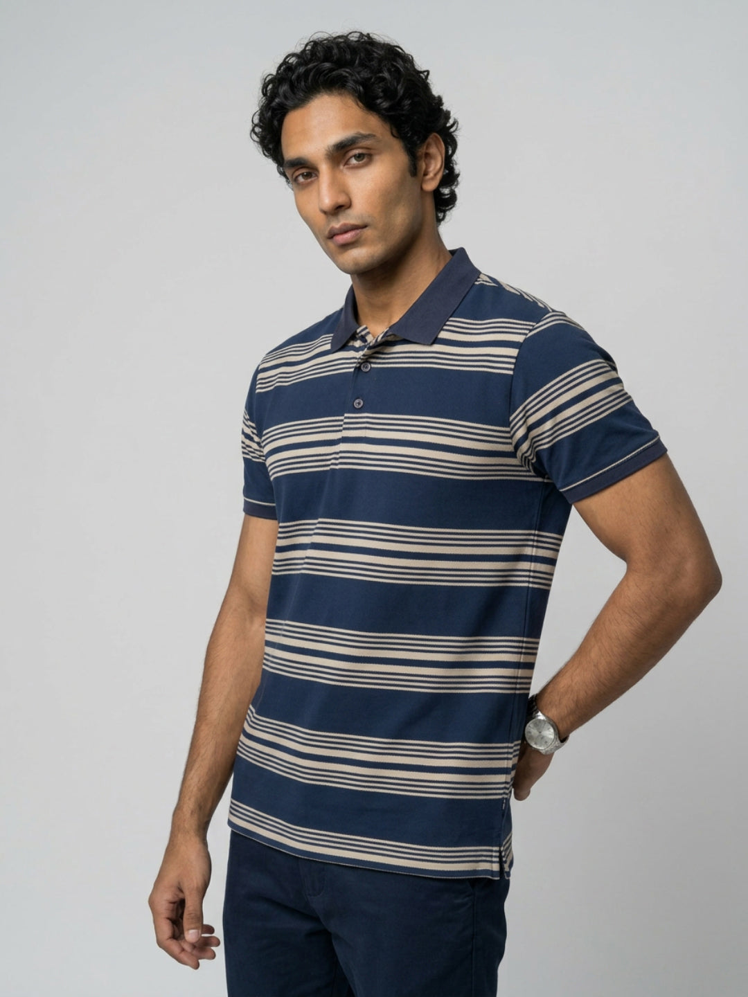 Men T-Shirt Stripe Navy Blue Regular Fit