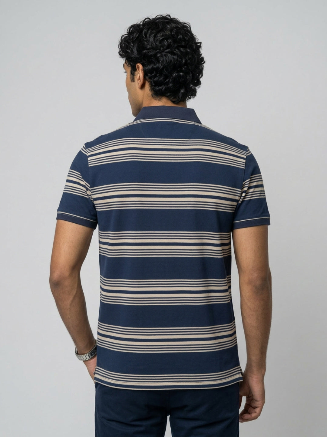 Men T-Shirt Stripe Navy Blue Regular Fit