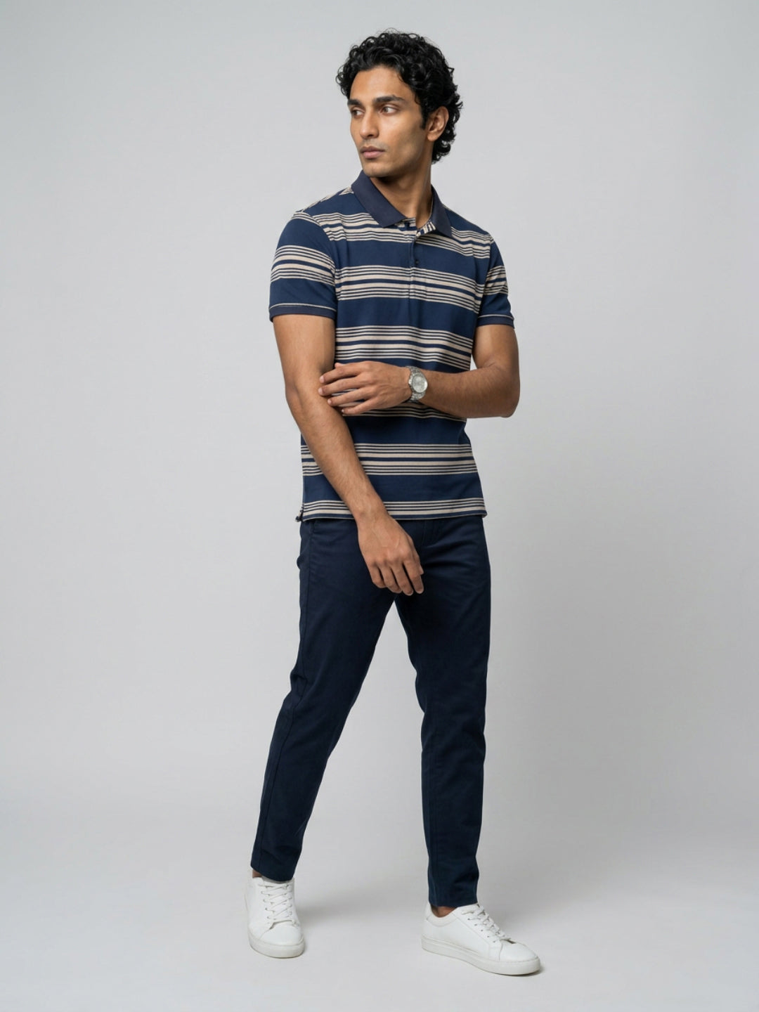 Men T-Shirt Stripe Navy Blue Regular Fit