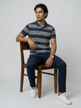 Men T-Shirt Stripe Navy Blue Regular Fit