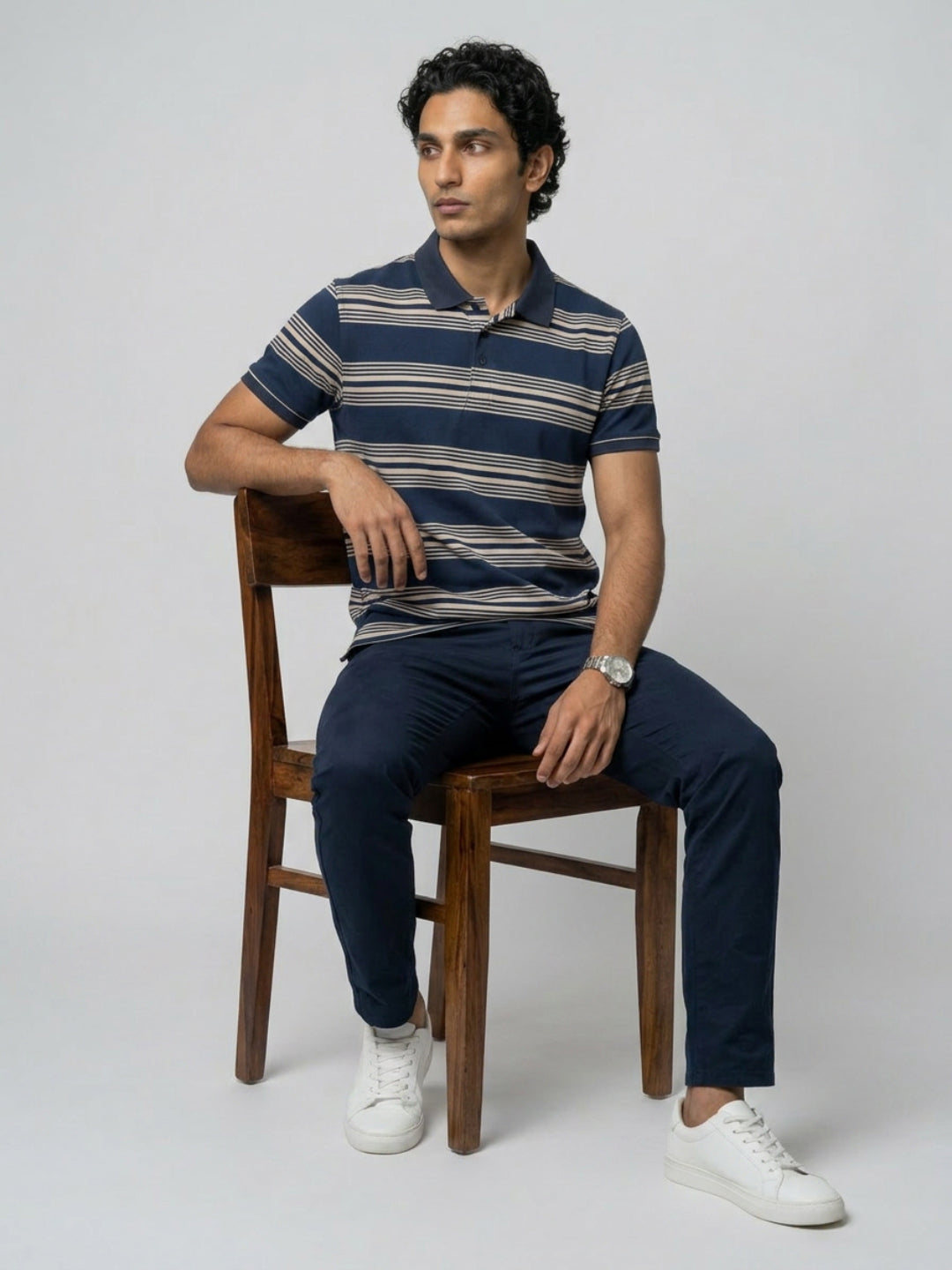 Men T-Shirt Stripe Navy Blue Regular Fit