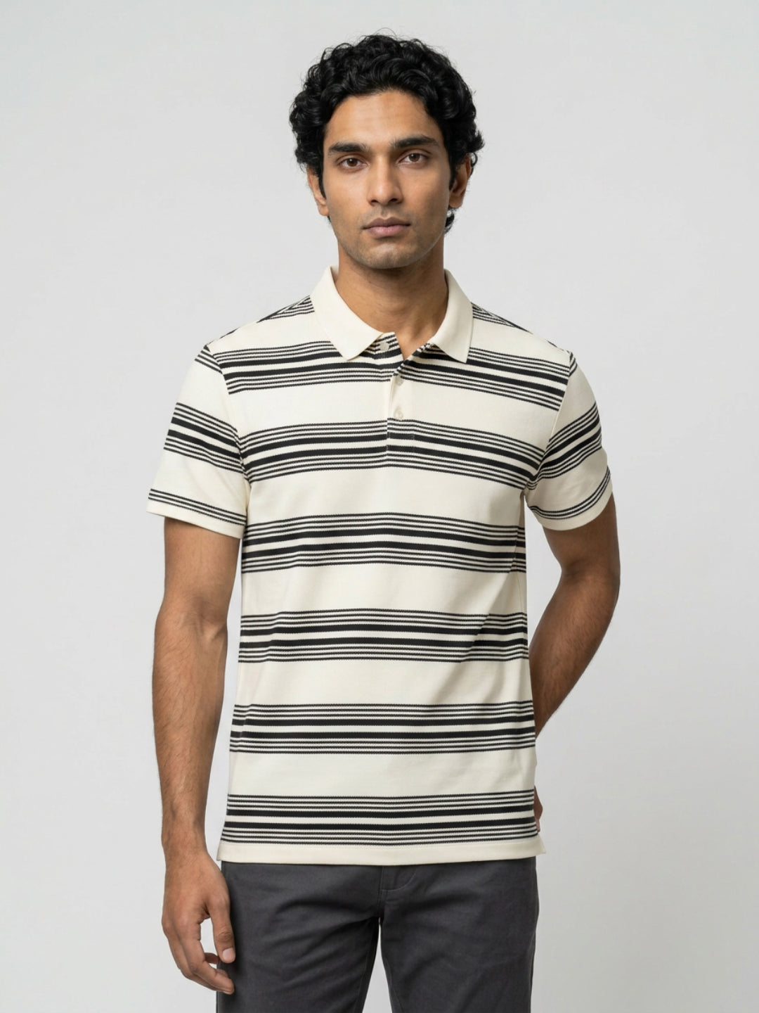 Men T-Shirt Stripe Off-White Regular Fit