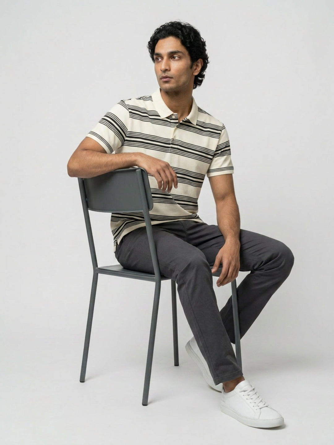 Men T-Shirt Stripe Off-White Regular Fit