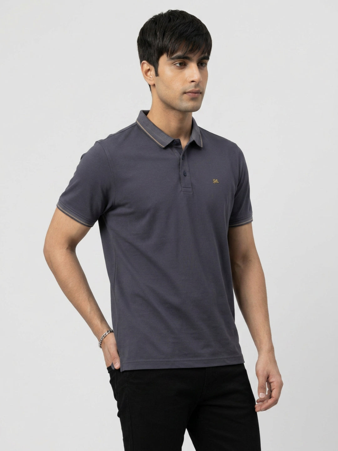 Men T-Shirt Solid Grey Regular Fit